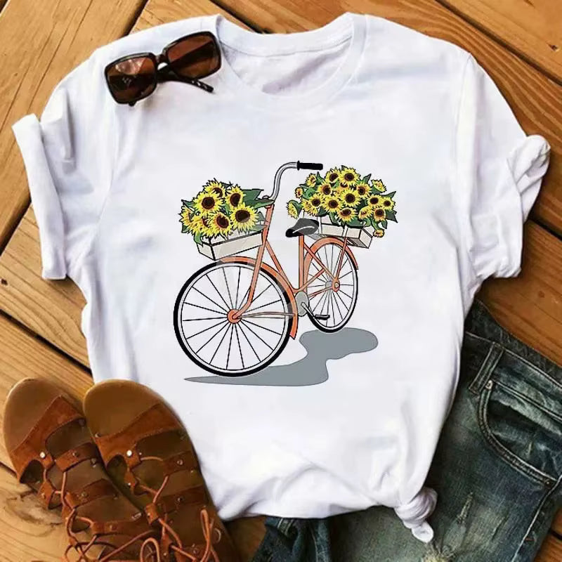 Bicycle Flower Graphic Tee – Women’s Casual Short Sleeve