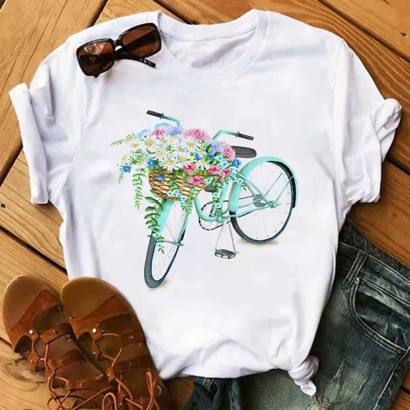 Bicycle Flower Graphic Tee – Women’s Casual Short Sleeve