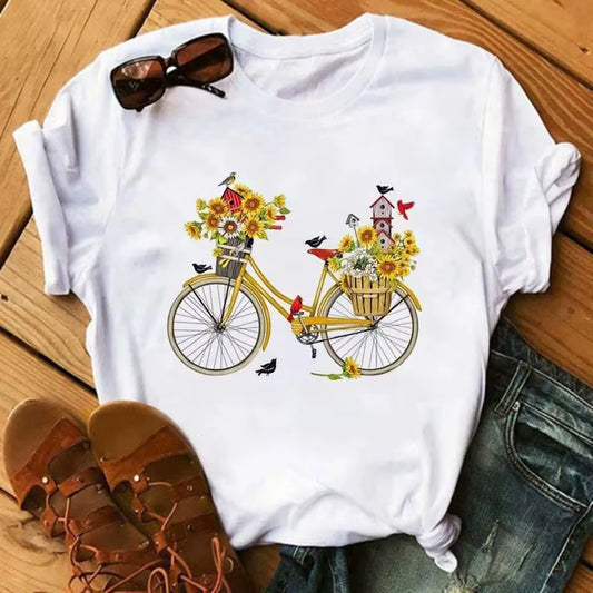 Bicycle Flower Graphic Tee – Women’s Casual Short Sleeve